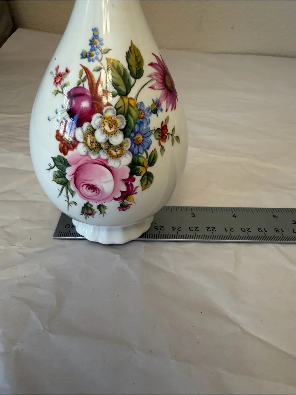 Coalport White Porcelain Bud Vase with Pink Floral Accents 6.4 inch